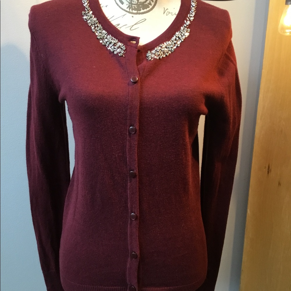 Merona Burgandy Red Cardigan w/ Rhinestone Collar